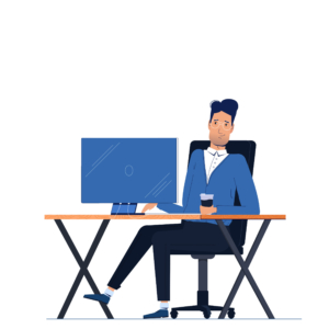 Male businessman character sitting in office behind workplace on computer monitor desk. Vector flat illustration